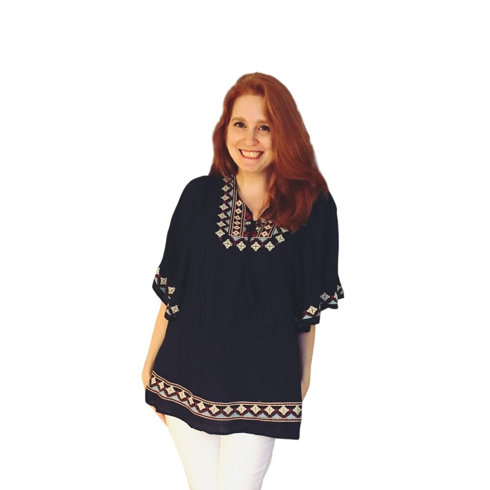 Alice Blue navy Embroidered Peasant Tunic with Multicolor Trim